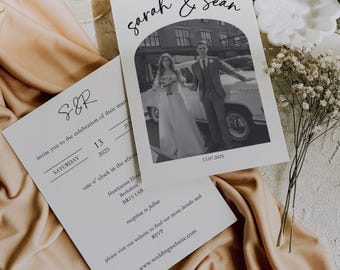 Black & White Arch Wedding Invitation Template, Minimalist Photo Invite, Editable Canva Design