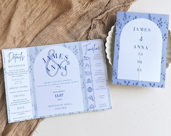 Blue Floral Wedding Invitation Template, Gatefold Timeline, Digital Download