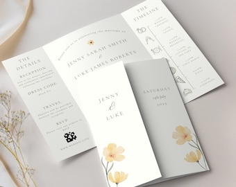 Floral Gatefold Wedding Invitation Template, Editable Canva Design, Yellow Watercolor Flowers, QR Code & Timeline