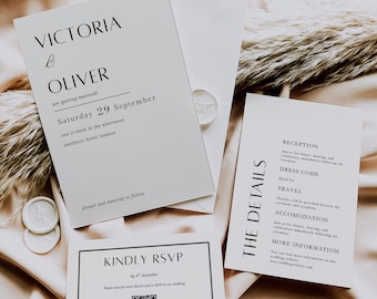 Canva-sjabloon voor bruiloftsuitnodiging, zwart-wit met details en RSVP-kaarten