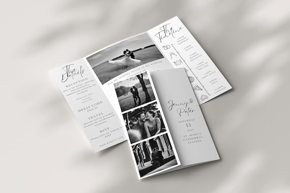 Photo Gatefold Wedding Invitation Template, Editable Canva Folded Wedding Trifold Invitation, Photo Booth Strip Folded Invitation