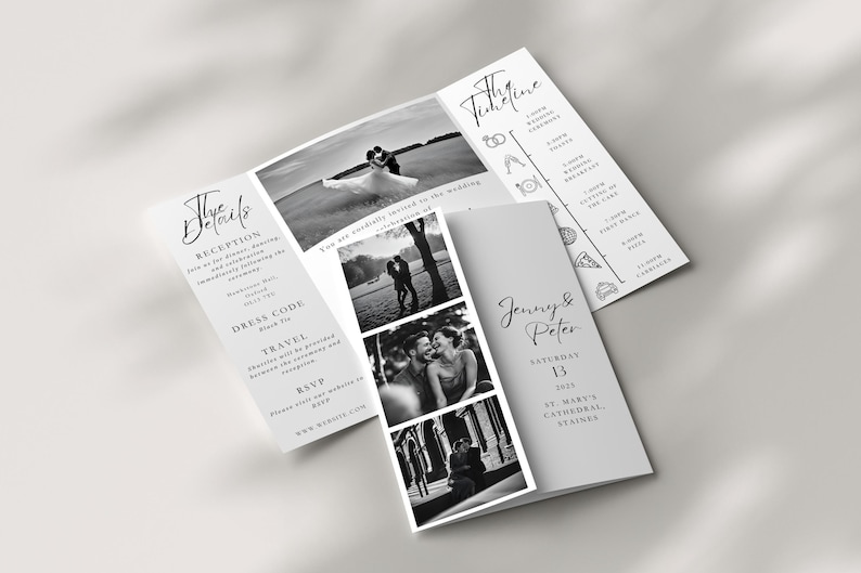 A gatefold wedding invitation on a neutral background