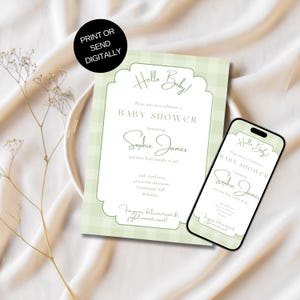 Lot Baby Shower Vichy vert sauge, idées pour révéler le sexe, prédiction de bébé, jeux rigolos pour baby shower, bingo bébé, modèles imprimables