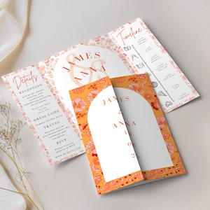 Orange Floral Gatefold Wedding Invitation Template, Editable Canva Printable