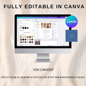 A wedding invitation being edited in canva on a computer screen on a neutral background and a list of what you can edit in Canva