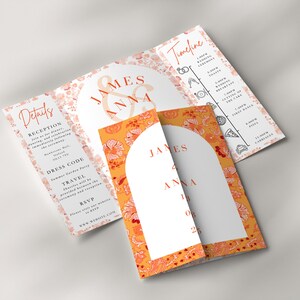 Orange Gatefold Hochzeitseinladungsvorlage, bearbeitbare gefaltete Hochzeitseinladung, gefaltete dreifache Hochzeitseinladung, sofortiger Download mit Canva