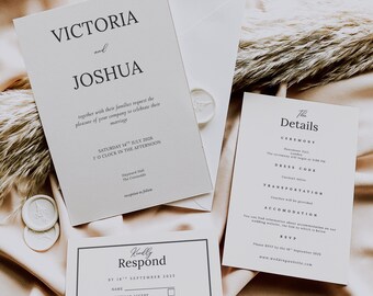Minimalistische Hochzeitseinladung in Creme mit schwarzem Script, bearbeitbares Canva Set