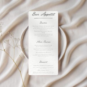 Modelo de cardápio de casamento editável, cardápio moderno frente e verso, cardápio de jantar para impressão, cardápio de recepção minimalista, download instantâneo 4x9 5x7