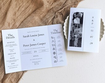 Elegante plantilla de invitación de boda minimalista desplegable, moderna invitación tríptico con foto, editable en Canva.
