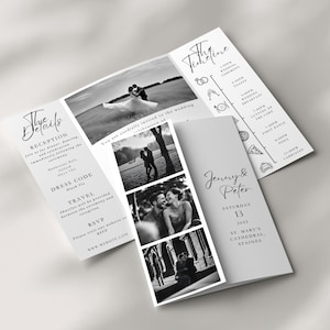 Convite de casamento com dobradura de foto, convite triplo, convite com dobradura de porta, convite dobrado, modelo editável do Canva, linha do tempo do casamento
