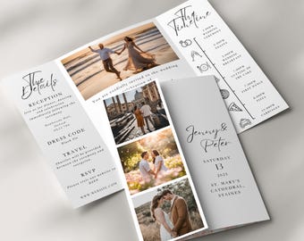Plantilla de invitación de boda desplegable con foto, invitación de boda tríptico plegable editable en Canva, invitación plegable tipo fotomatón