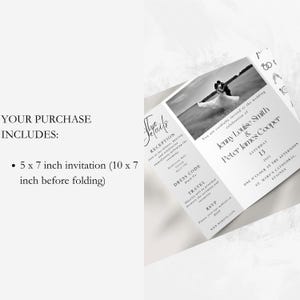A gatefold wedding invitation on a neutral background with a list of what's included next to it