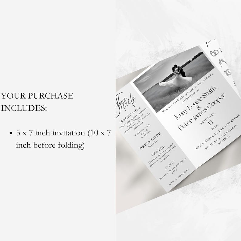 A gatefold wedding invitation on a neutral background with a list of what's included next to it