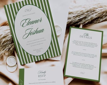 Könnte beinhalten: Hochzeitseinladungs-Set mit grün-weißem Streifendesign. Die Hauptkarte enthält die Namen "Eleanor und Joshua". RSVP- und Detailkarten sind ebenfalls enthalten, alle mit grünem Rand.