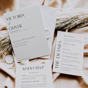 Elegant Wedding Invitation, Wedding Invitation Suite, Modern Minimal Invite Set with Details Card, QR Code Rsvp, Editable Bundle