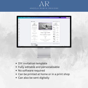 A gatefold wedding invitation on a computer screen with a list of attributes underneath
