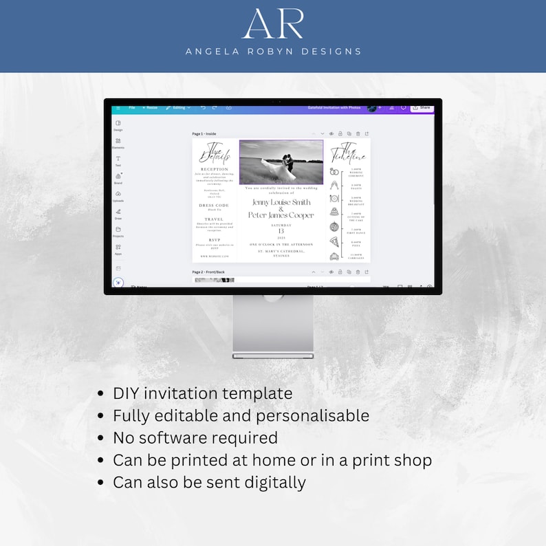 A gatefold wedding invitation on a computer screen with a list of attributes underneath