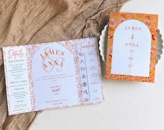 Orange Gatefold Wedding Invitation Template, Editable Trifold Invite, Digital Download