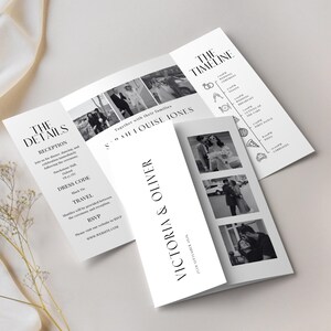 May include: A white wedding invitation suite with black text and black and white photographs. The invitation includes details, a timeline, and the names Victoria & Oliver. The date is September 25th, 2026.