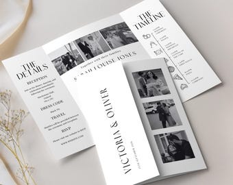 Plantilla de invitación de boda desplegable con fotos, invitación de boda moderna, conjunto imprimible editable en Canva
