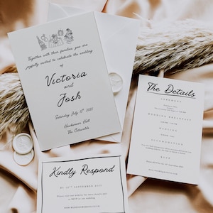 Vintage Wedding Invitation Suite, Hand Drawn Canva Template, RSVP & Details Card, Printable Editable Wedding Set, Minimalist Invitation