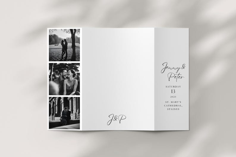 A gatefold wedding invitation on a neutral background