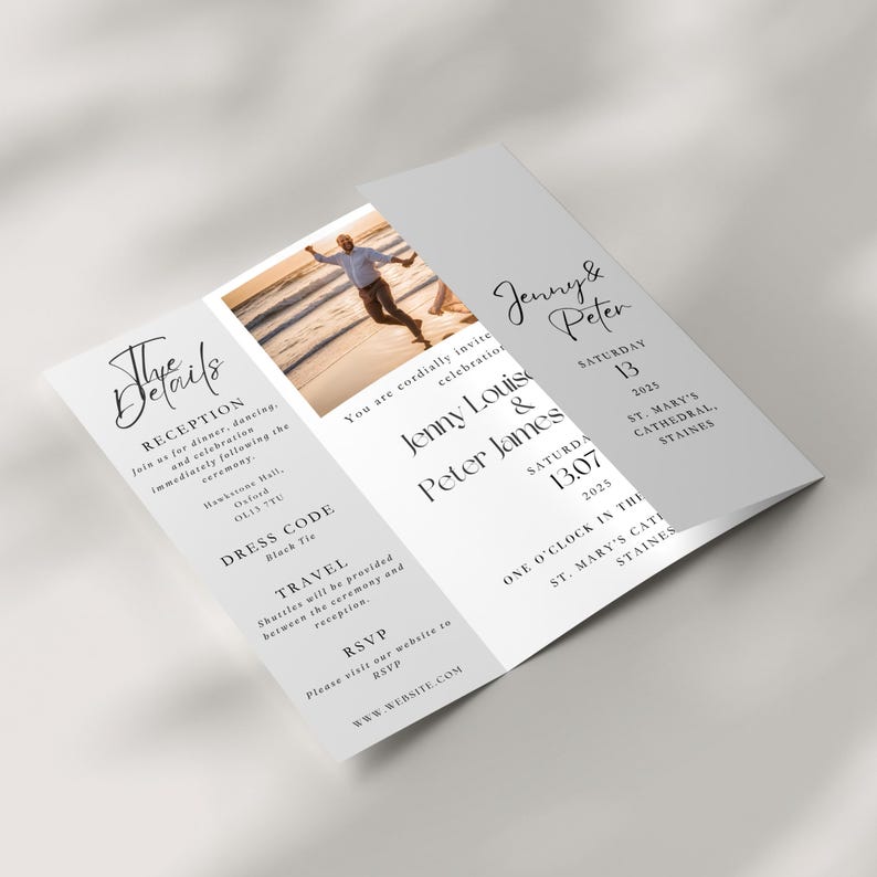 A wedding invitation on a neutral background