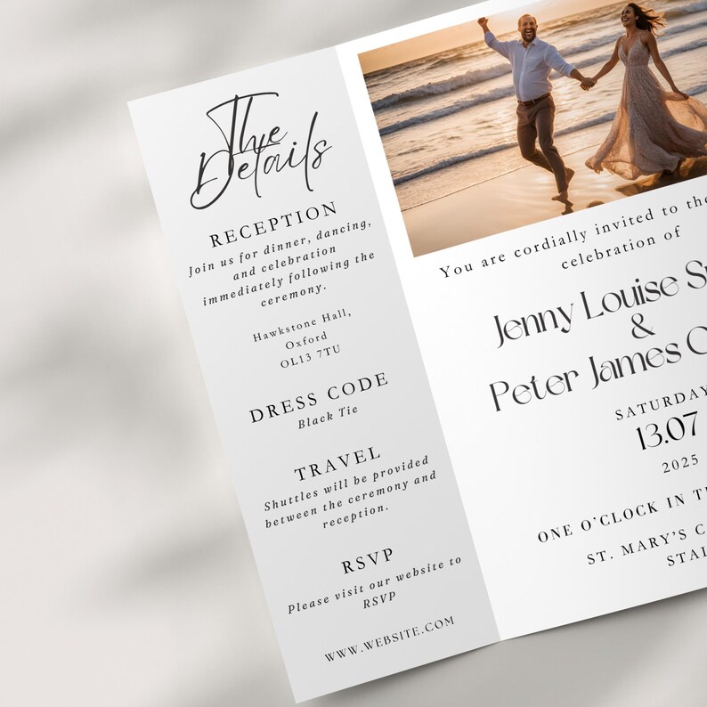 A wedding invitation on a neutral background
