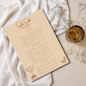 Espresso Martini Brautdusche Reiseplan, Liebe braut Bachelorette Wochenend-Plan, bearbeitbare Canva-Vorlage
