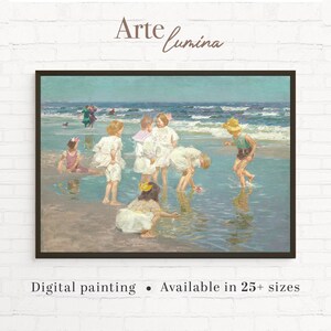 Vintage Strand Kunstdruck, Küsten Kinderzimmer Wand Dekor, Nostalgische Sommer Meer Kinder Szene, Digitaldruck 142