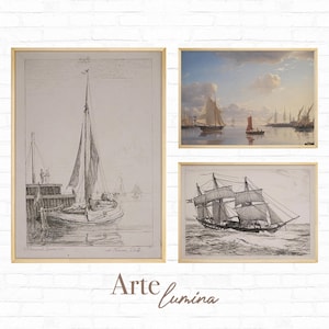 Vintage Nautical Gallery Wall Art Set of 3, Sailing Ship Prints, Maritime Sketches, Ocean Decor, Antique Boat Artwork, Digital Print Set 2