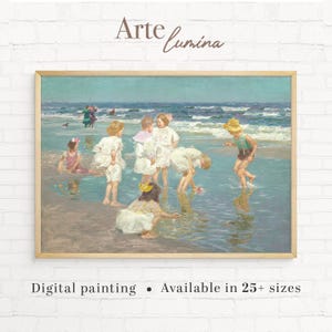 Lámina artística de playa vintage, decoración de pared infantil costera, póster nostálgico de océano de verano, escena infantil junto al mar, arte mural digital, impresión digital 141