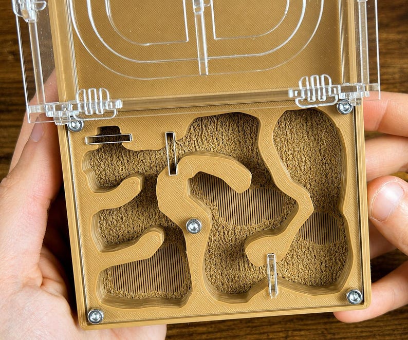 May include: A tan ant farm with a clear plastic lid. The interior features a complex network of tunnels and chambers, with a textured, sandy substrate. The lid is secured with small, silver screws. The overall design is functional and educational.