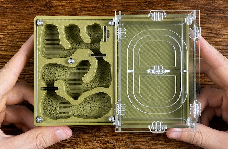 May include: An open, olive-green ant farm with a clear acrylic lid. The interior features a complex network of tunnels and chambers. The lid is attached with clear hinges and clasps. The farm is held by two hands.