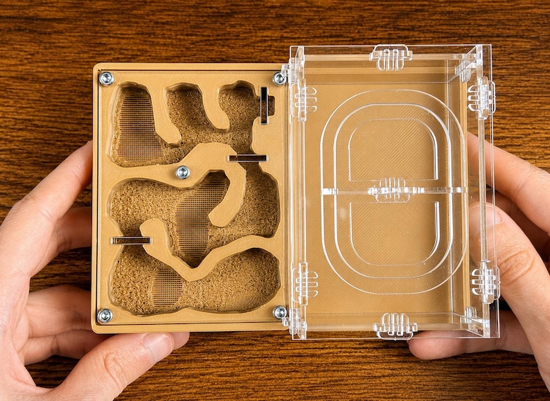 May include: An open, clear acrylic ant farm with a tan interior. The interior has a network of tunnels and chambers filled with a sandy material. The hinged lid is also clear, with a series of curved lines. The ant farm is held by two hands.