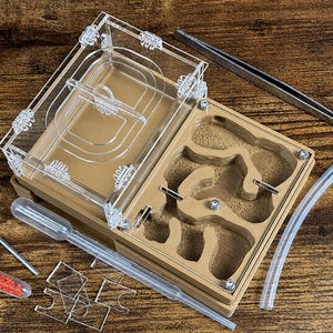 May include: An open ant farm with a clear acrylic top and a tan-colored base, revealing a detailed interior. Accessories include tweezers, a pipette, a small vial with red contents, and clear tubing. The setup is on a wooden surface.