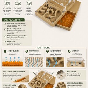 May include: Ant farm with a smart humidity system. The natural habitat for ants is made of organic PLA plastic. The dimensions are 4.1 x 5.9 inches. It features a long-lasting hydration system and a step-by-step colony introduction.