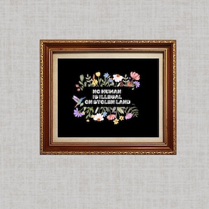 May include: A framed print with a black background and a floral design. The text "NO HUMAN IS ILLEGAL ON STOLEN LAND" is printed in white.