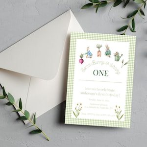 Modello di invito per il primo compleanno di Peter Rabbit, Some Bunny compie un anno, modello di invito per il compleanno, download digitale modificabile