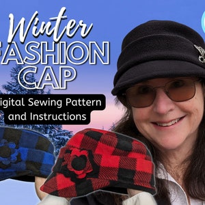 May include: A digital sewing pattern for a winter fashion cap. The pattern includes instructions and is available in A4 size. The image shows two versions of the cap, one in blue and black plaid and the other in red and black plaid. Both caps feature a black flower embellishment.