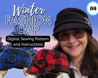 Winter Fashion Cap in 3 sizes, floral template for pin, sewing pattern and instructions, digital format-A4 size paper