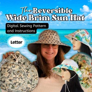 Reversible Wide Brim Sun Hat, Bucket Hat, in digital format PDF in Four Adult Sizes, LETTER size paper