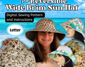 Reversible Wide Brim Sun Hat, Bucket Hat, in digital format PDF in Four Adult Sizes, LETTER size paper