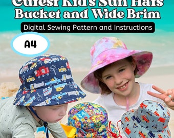 Cutest Kid's Sun Hats, sewing pattern and instructions, two brim sizes, four head sizes, digital format, A4 paper