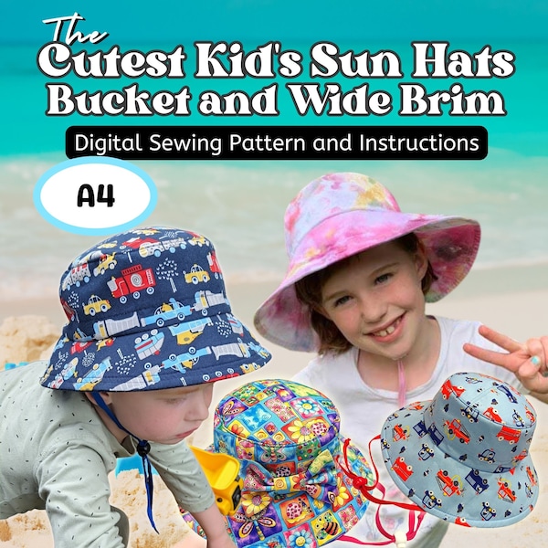 Cutest Kid's Sun Hats, sewing pattern and instructions, two brim sizes, four head sizes, digital format, A4 paper