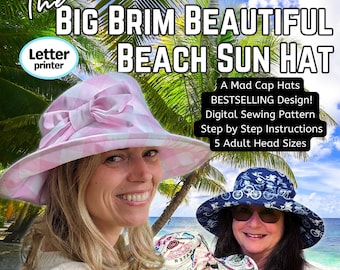 Big Brim Beautiful Sun Hat, Bucket Hat, in digital format PDF in Five adult sizes, Letter size paper