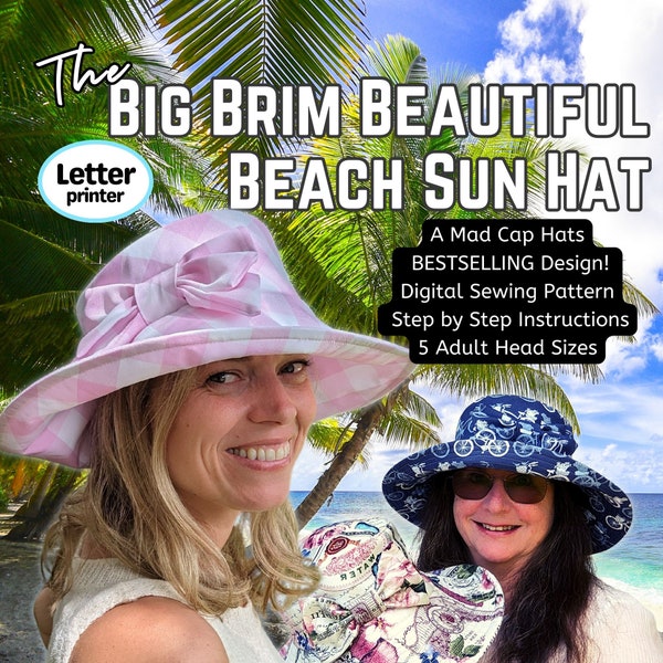 Big Brim Beautiful Sun Hat, Bucket Hat, in digital format PDF in Five adult sizes, Letter size paper