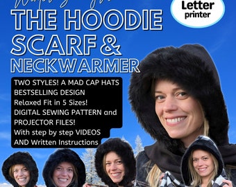 Hoodie Scarf and Neckwarmer, Digitial Sewing Pattern and instructions, for printer and projector, Five Sizes, Letter paper