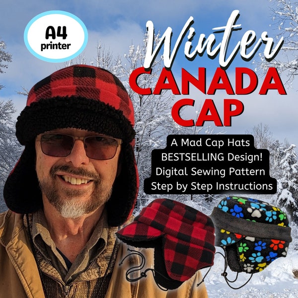 Winter Canada Cap, trapper aviator style hat, sewing pattern and instructions, digital format-A4 size paper