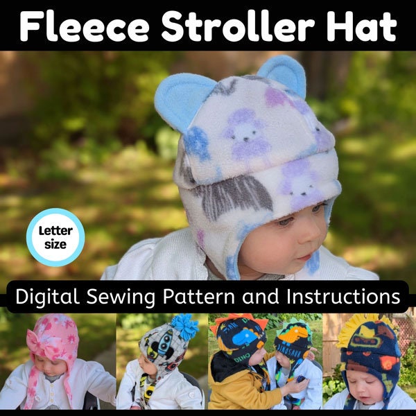 Patrón de costura e instrucciones de Adorable Kid's Fleece Stroller Hat, papel de carta en formato digital